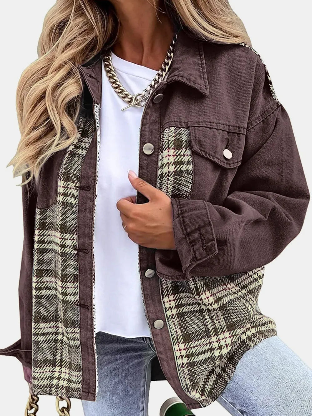 Plaid Button Up Dropped Shoulder Jacket, view 10