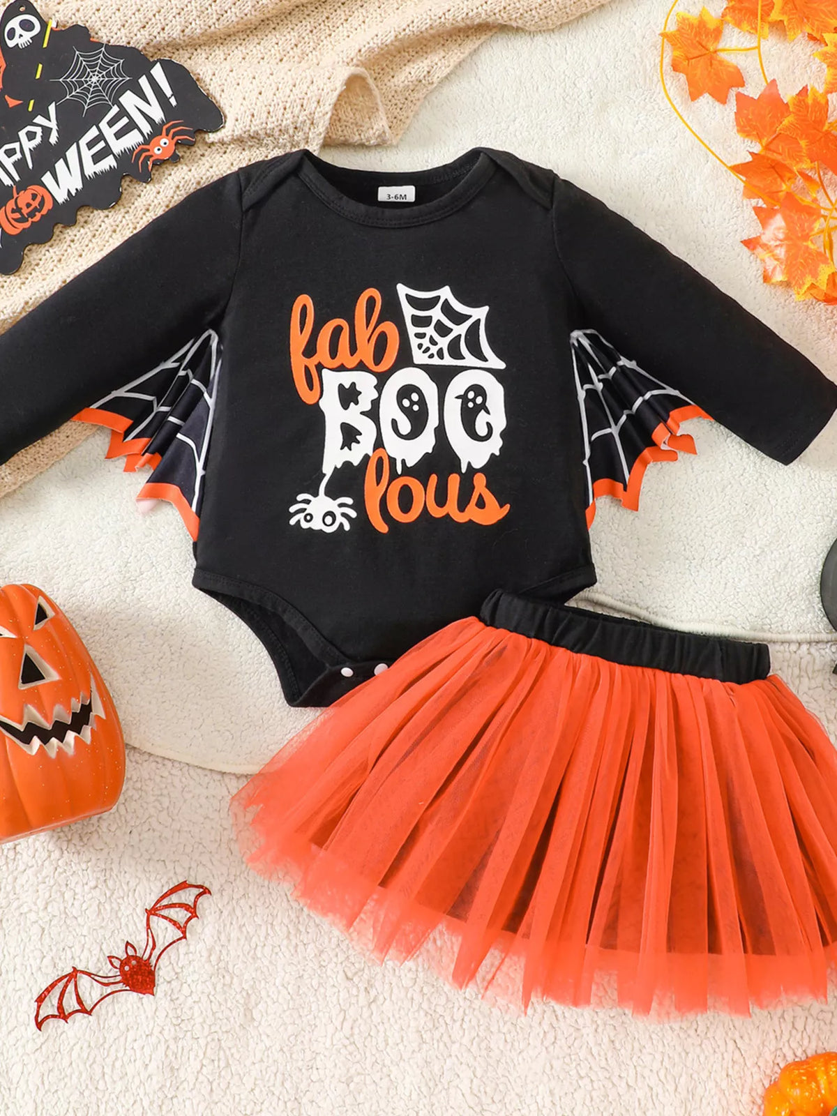 Children's Halloween 'Fab-Boo-Lous' Bat Wing Long Sleeve Top and Tulle Skirt Set - Lilixa.store
