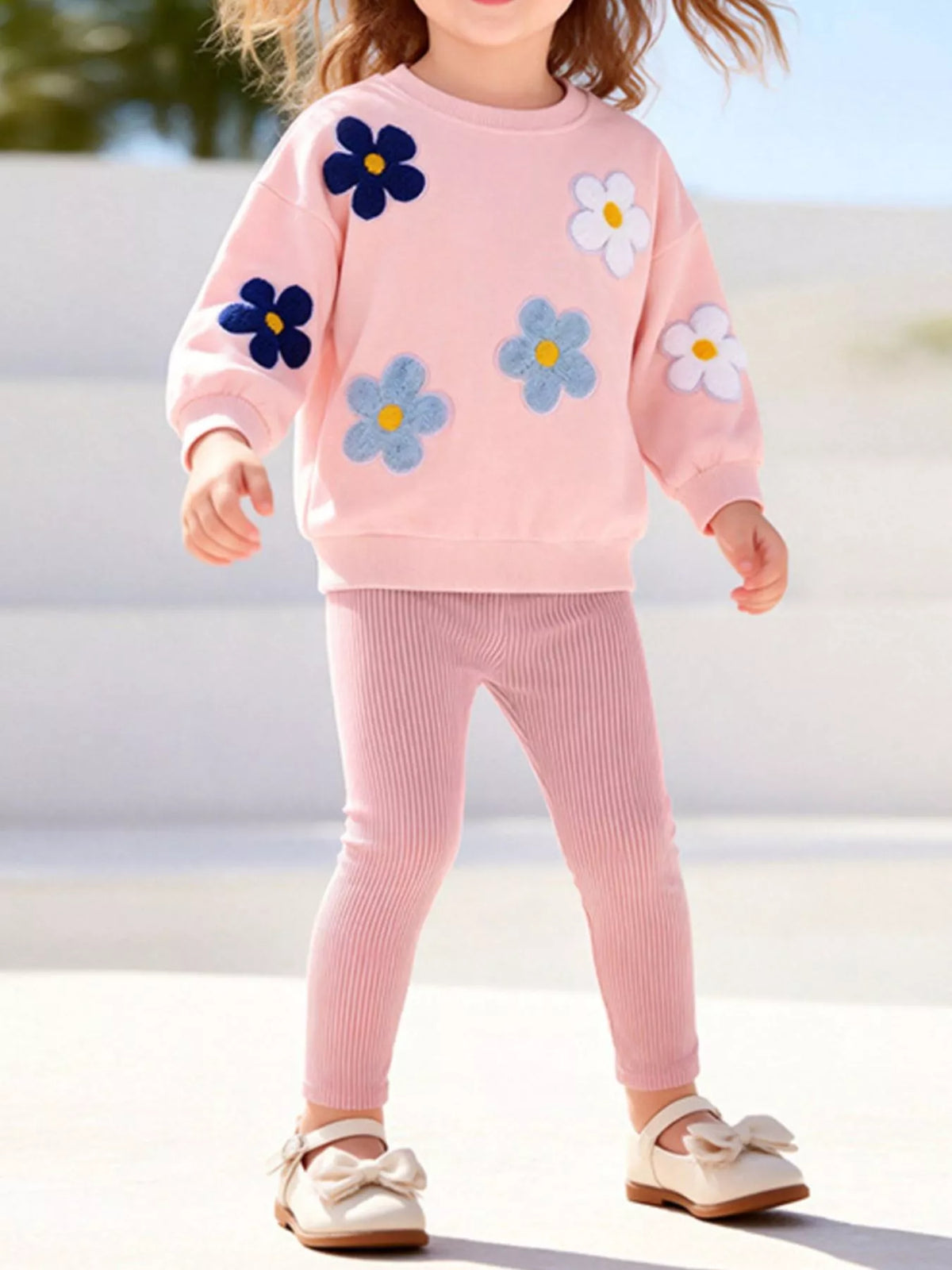 Children's Floral Applique Sweatshirt and Ribbed Leggings Set in Blush Pink