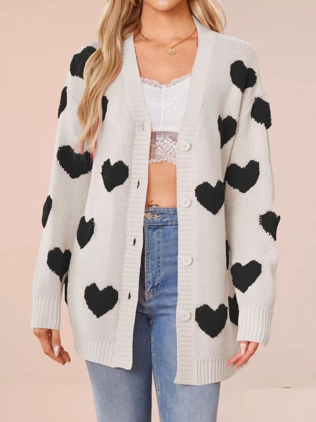 Heart Pattern V-Neck Button-Down Knit Cardigan - Lilixa.store