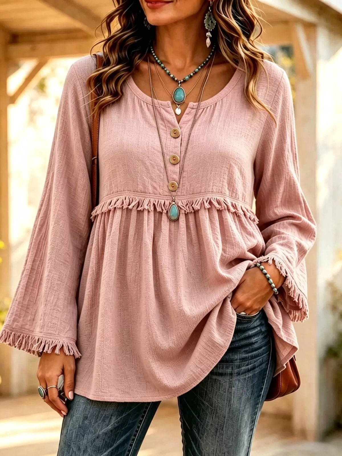 Button-Down Detail Fringed Hem Blouse in Dusty Pink