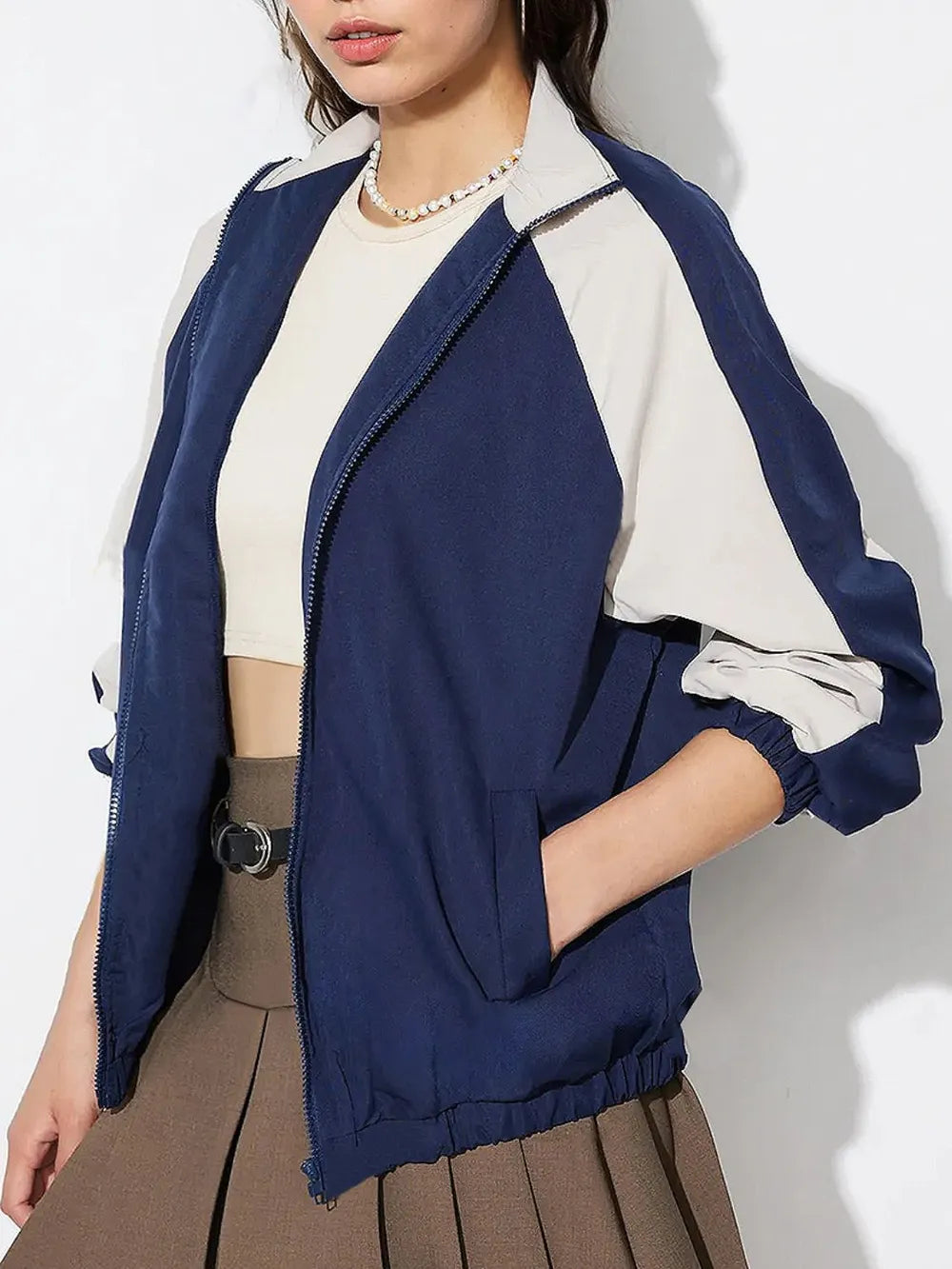 Contrast Zip Up Collared Neck Long Sleeve Jacket in Dark Blue