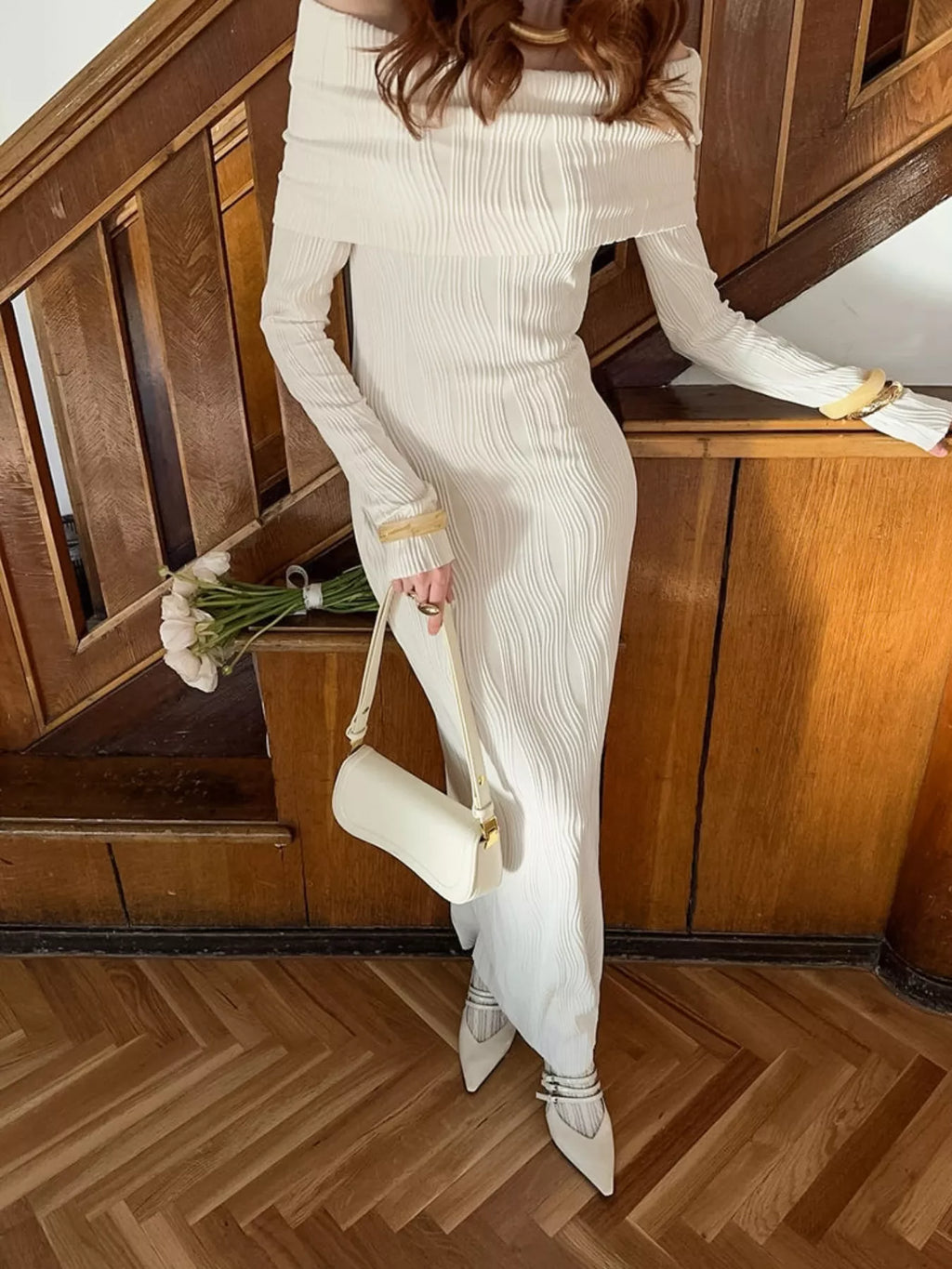 Off-Shoulder Textured Knit Maxi Dress - Lilixa.store