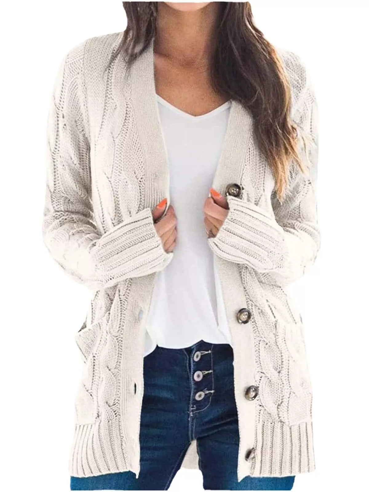 Full Size Chunky Cable Knit Button-Down Cardigan Plus Size - Lilixa.store