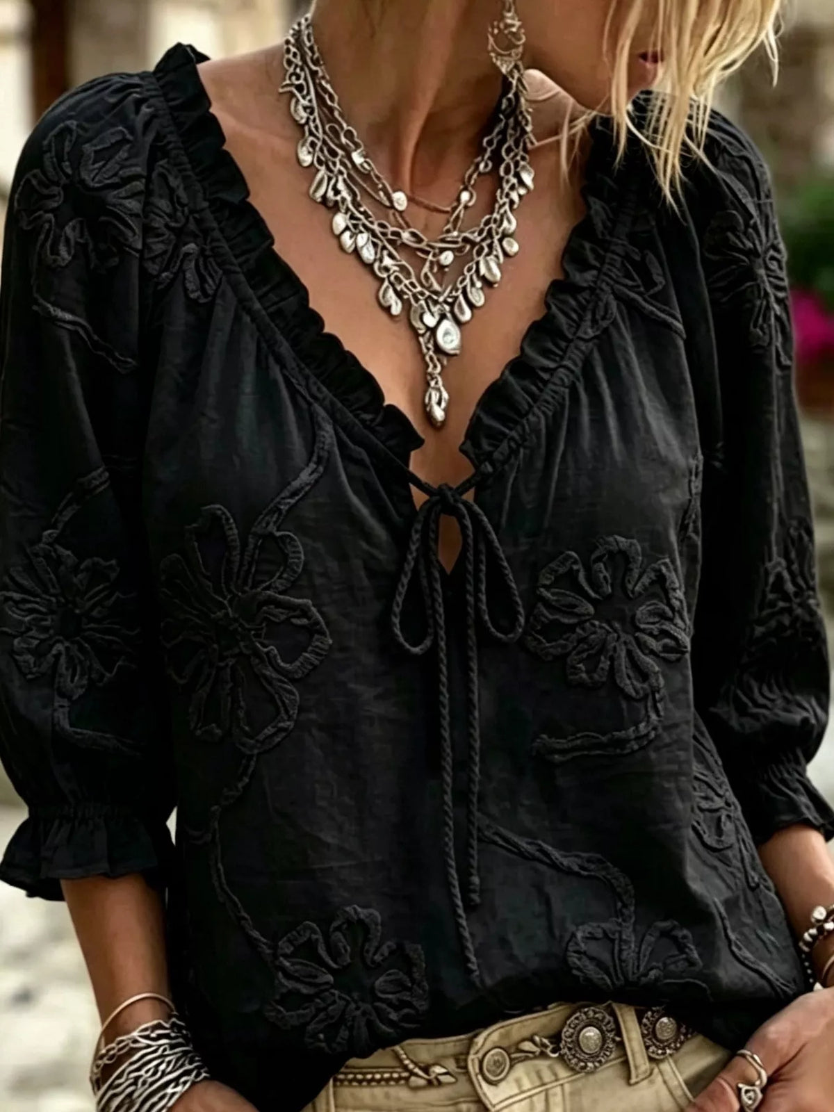 Full Size Flower Tie Front 3/4 Sleeve Blouse Plus Size - Lilixa.store