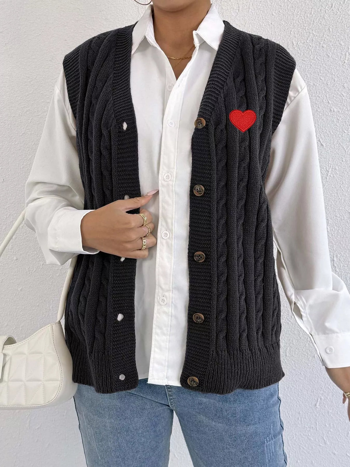V-Neck Cable Knit Button-Down Sweater Vest with Heart Embroidery