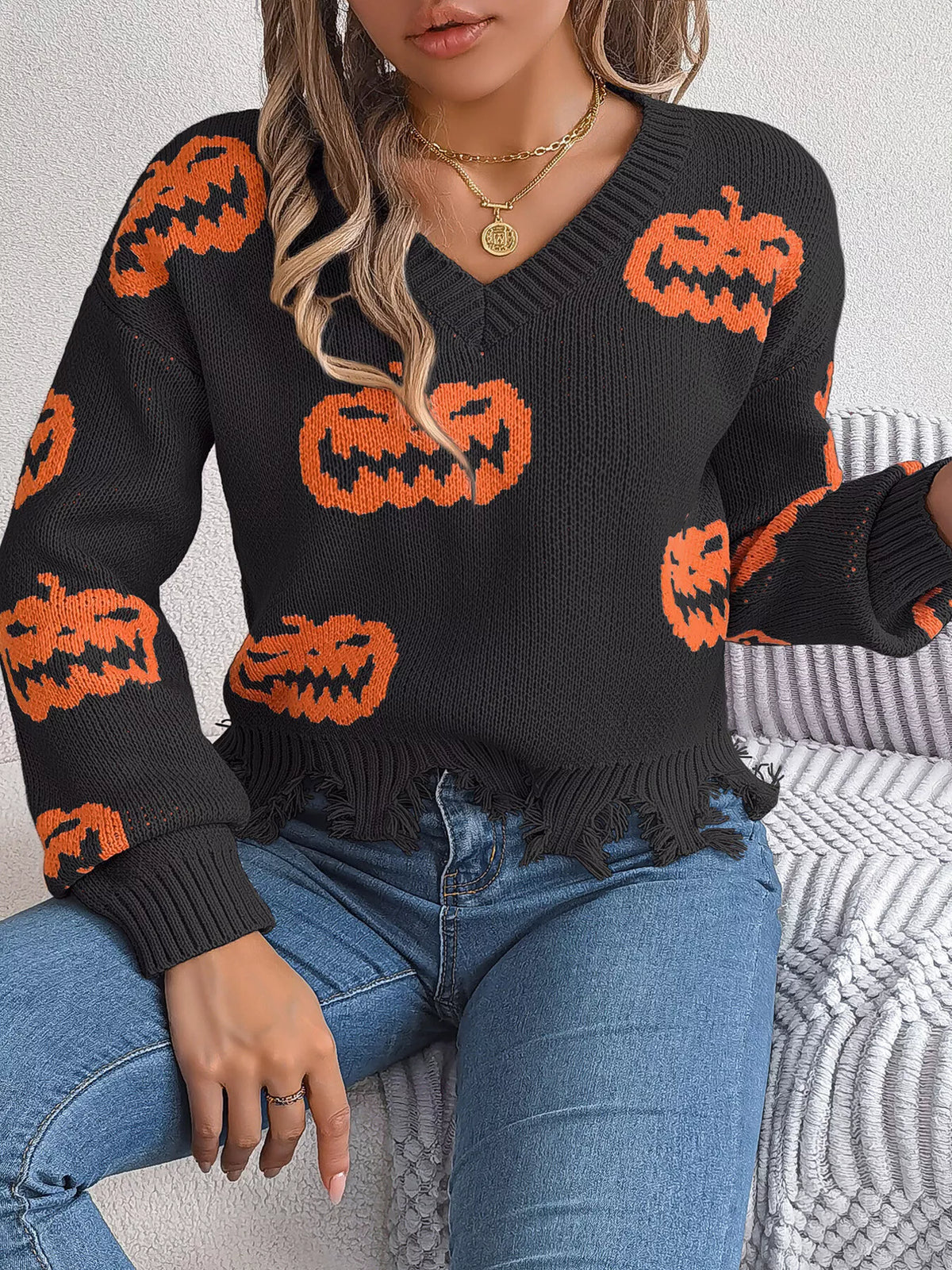 Pumpkin Distressed Hem Sweater