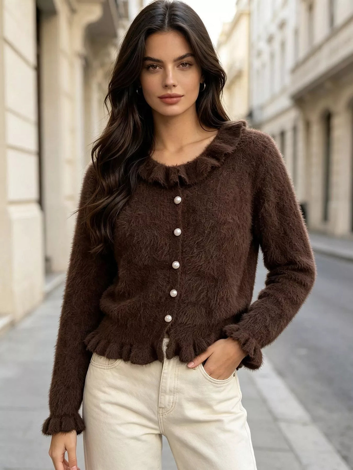Soft Fuzzy Cardigan with Ruffled Collar and Pearl Buttons, view 11