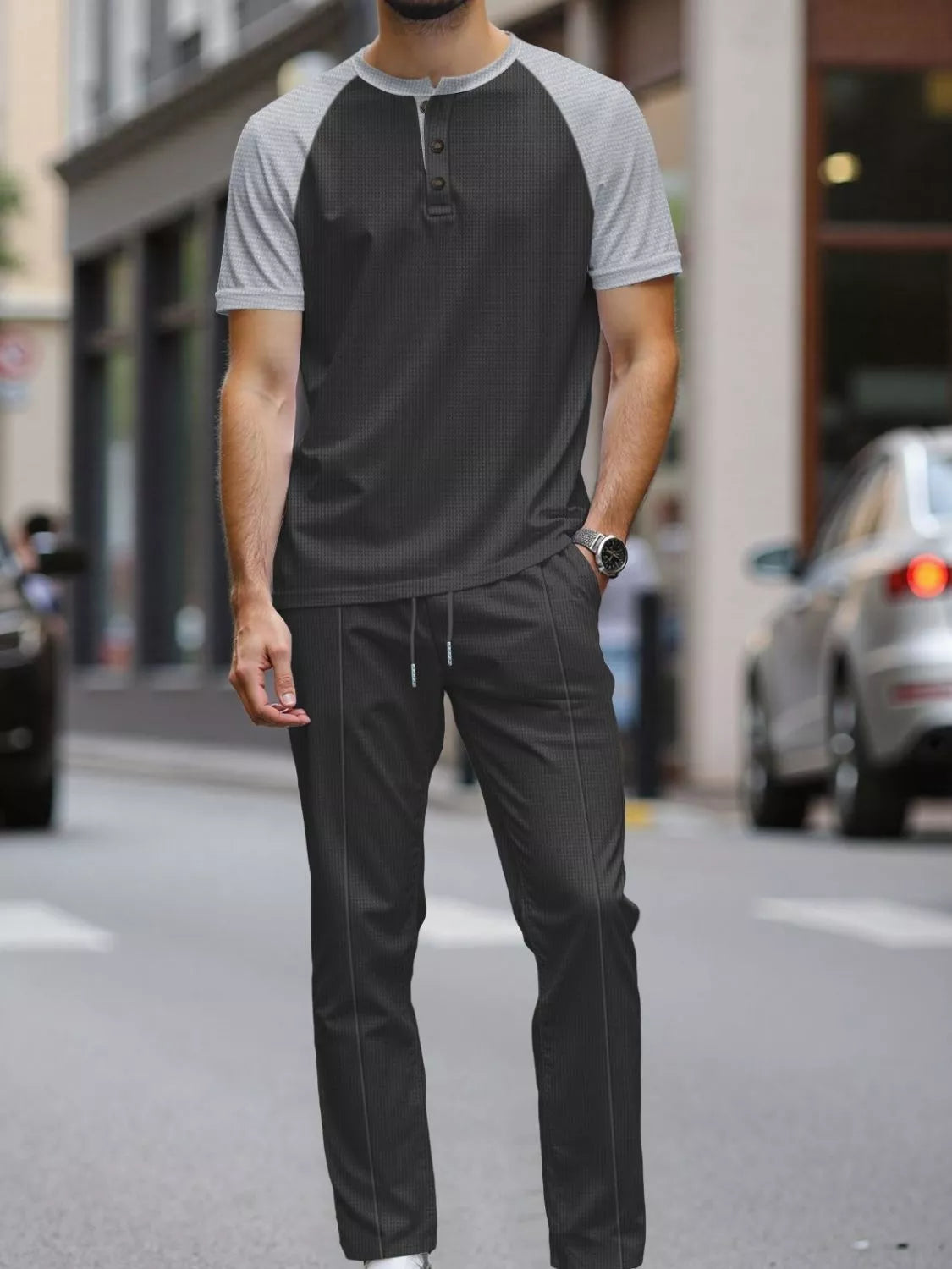 Men's Full Size Casual Two-Tone Raglan Sleeve Tee and Pants Set Plus Size - Lilixa.store
