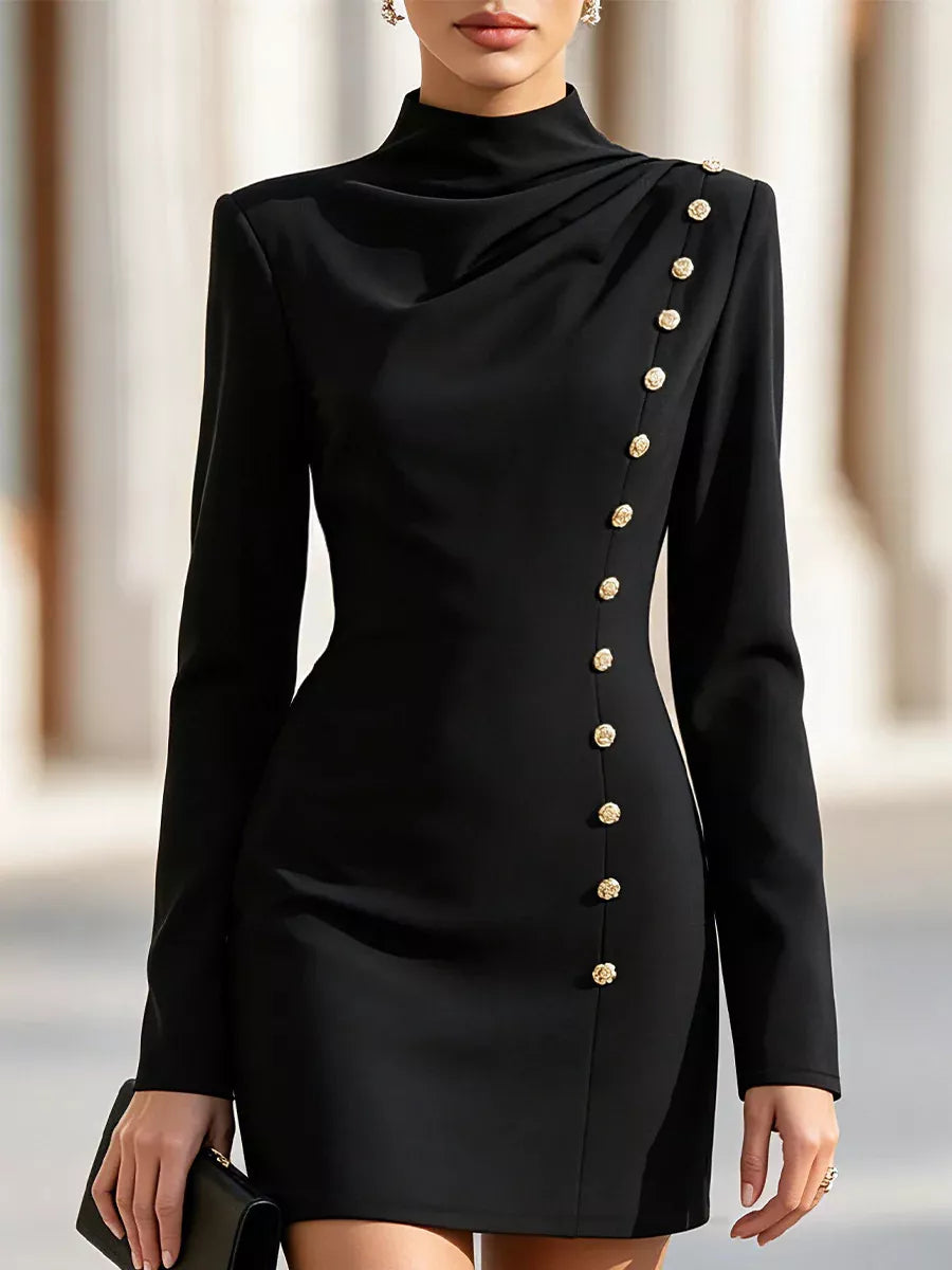 Mock Neck Long-Sleeve Bodycon Dress with Gold-Tone Button Detailing in Black