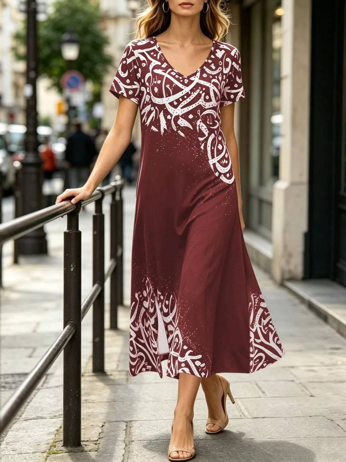 Printed Short Sleeve Midi Dress - Lilixa.store