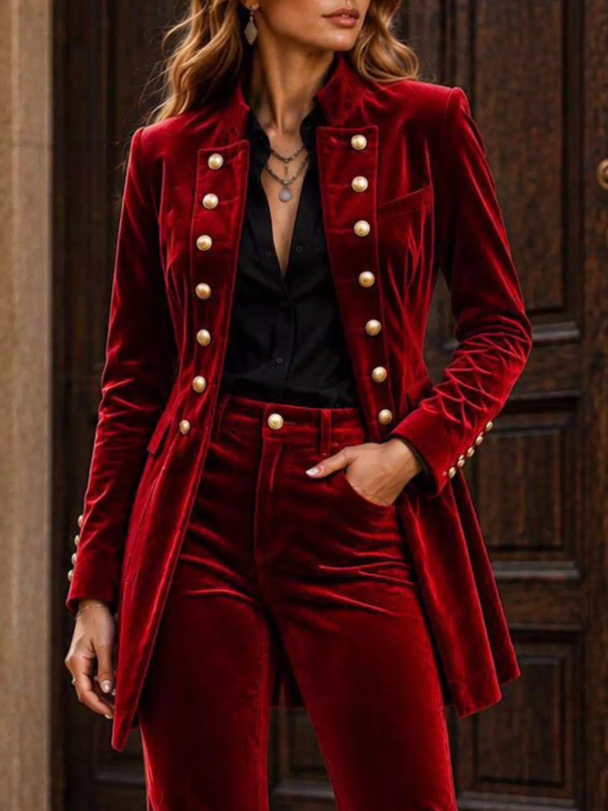 Velvet Double-Breasted Blazer and Flare Pants Set, view 5