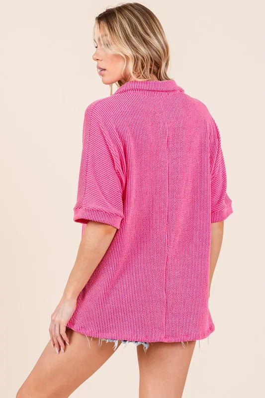 BOMBOM Ribbed Collared Neck Top - Lilixa.store
