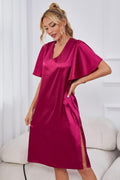 Satin Flutter Sleeve Side Slit V-Neck Night Dress - Lilixa.store
