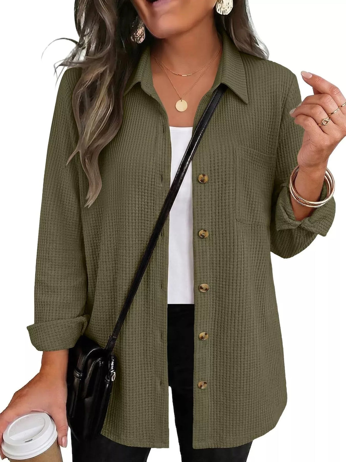 Waffle Knit Button-Down Long Sleeve Shirt - Lilixa.store