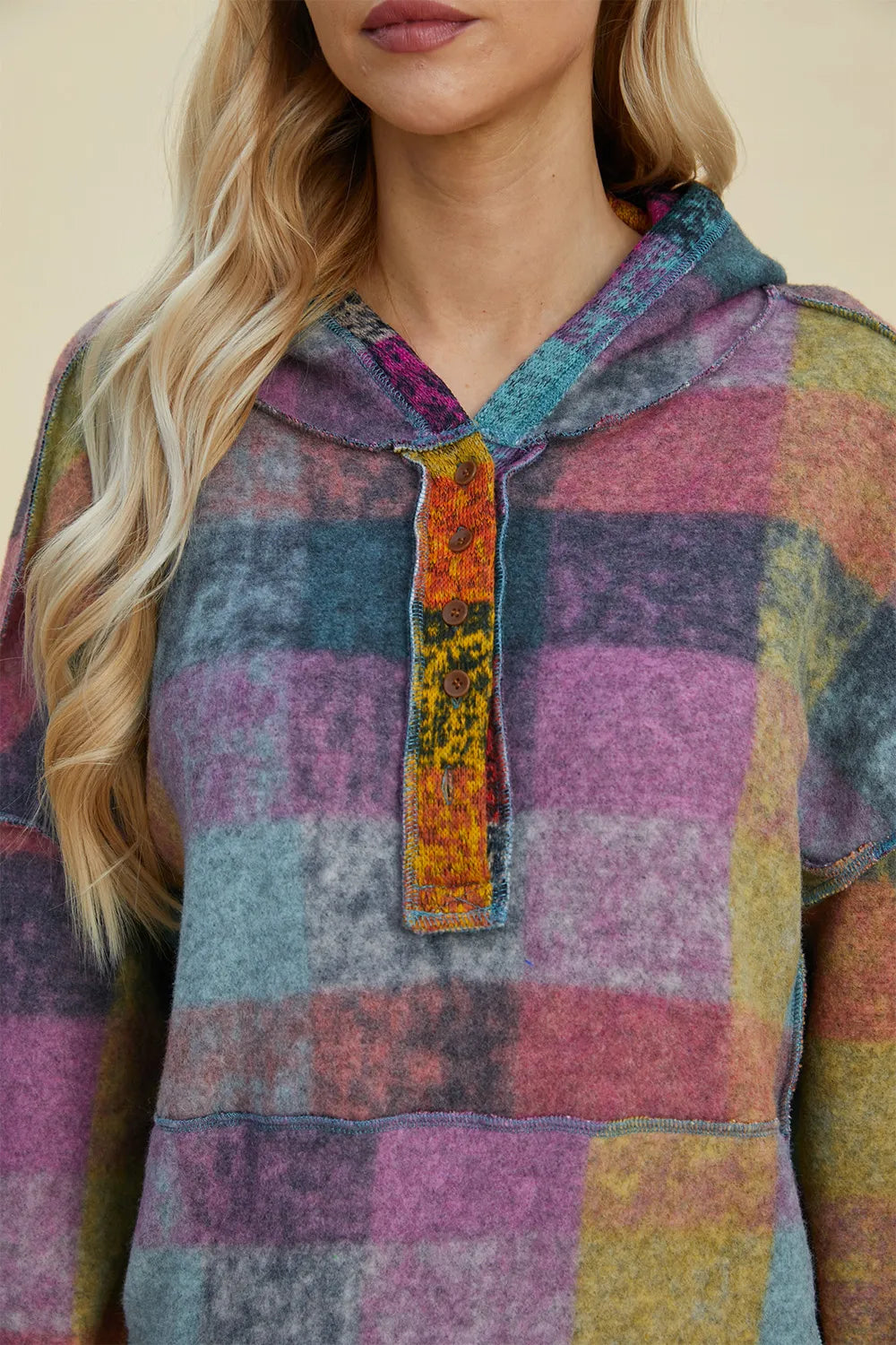 Double Take Full Size Plaid Dropped Shoulder Fleece Hoodie Plus Size - Lilixa.store