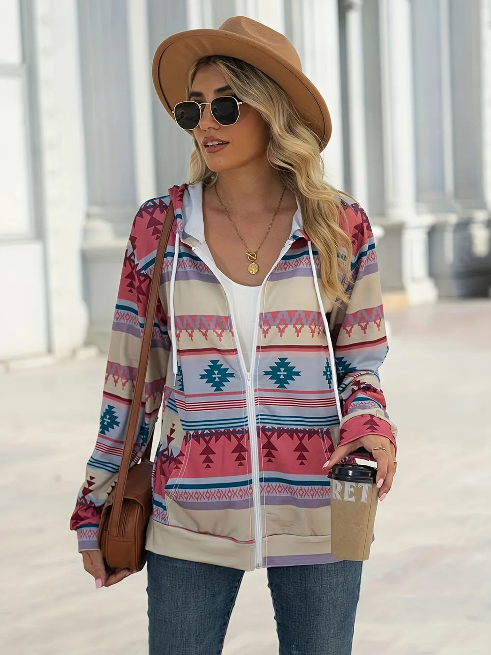 Geometric Zip Up Long Sleeve Hooded Jacket, view 9