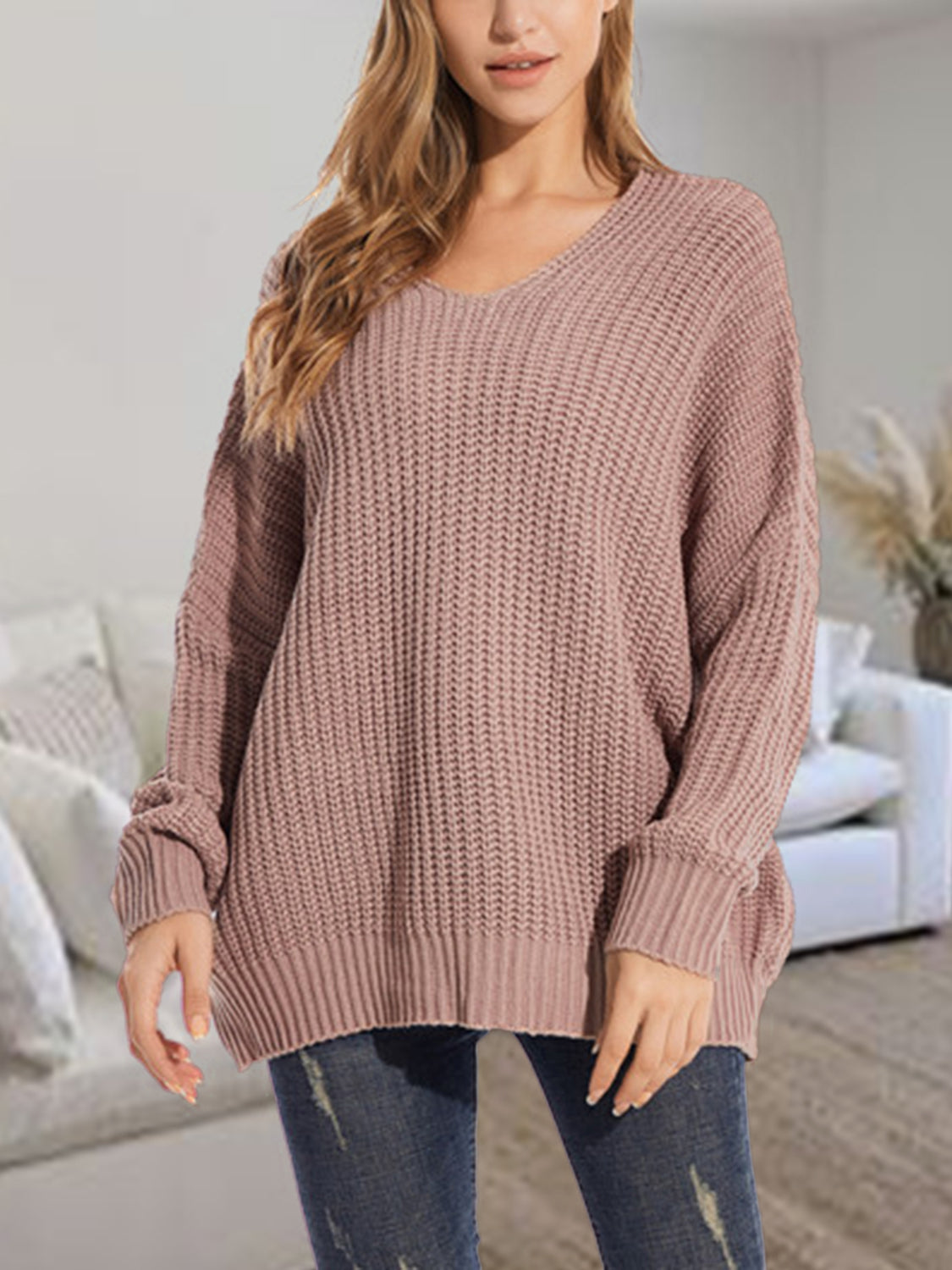 V-Neck Batwing Dropped Shoulder Sweater in Mocha