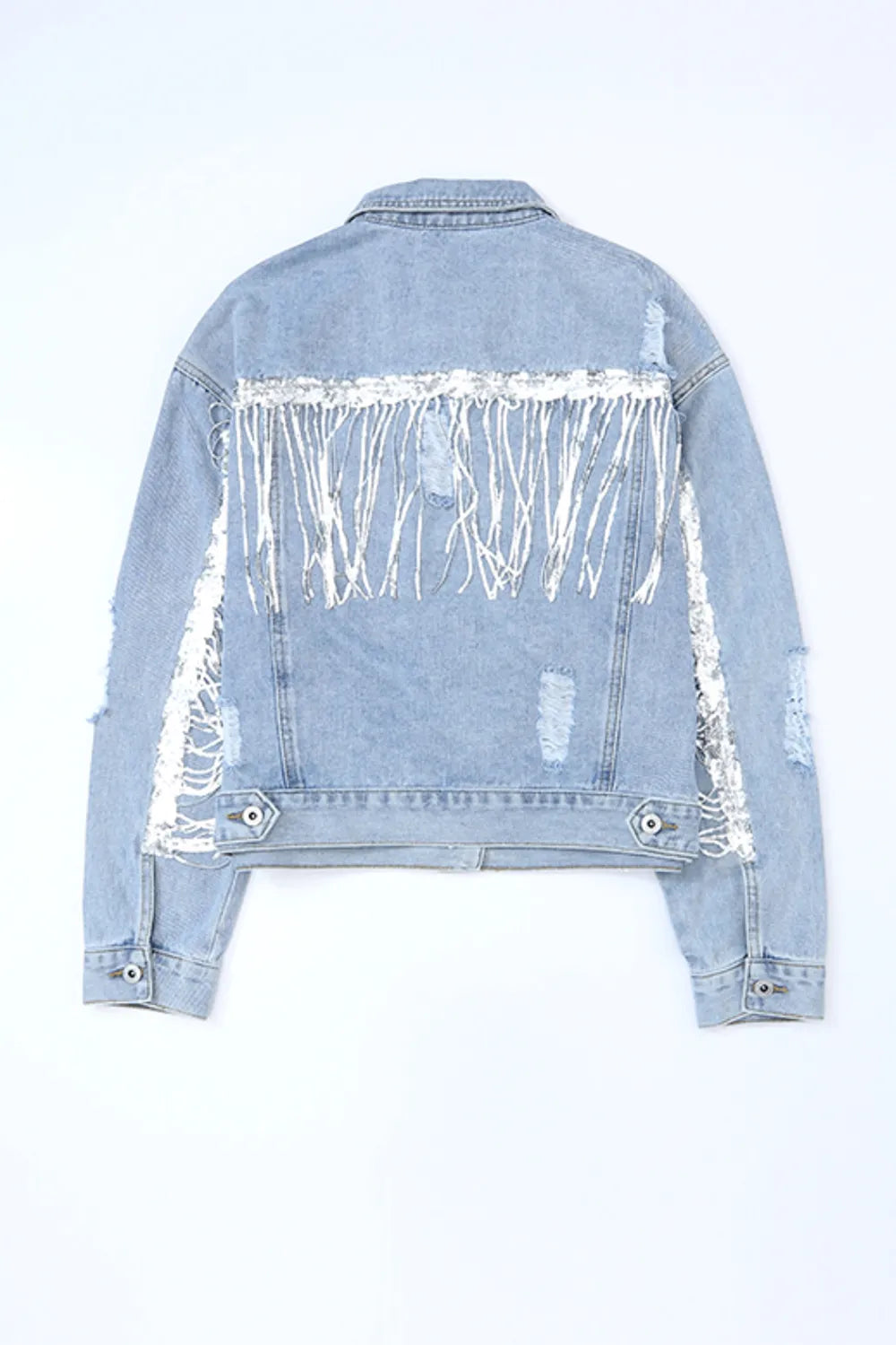 Sequin Fringe Trim Distressed Button Up Denim Jacket, view 6