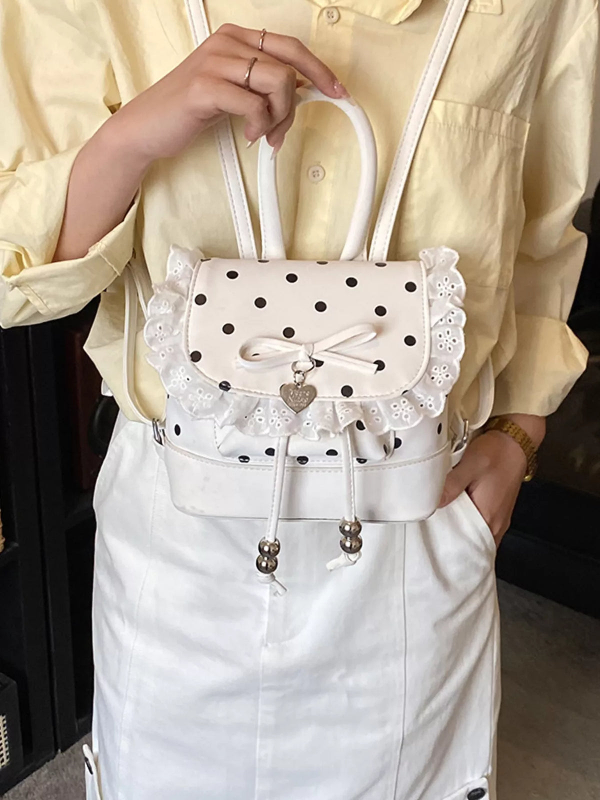Polka Dot Lace Trim Backpack Bag - Lilixa.store