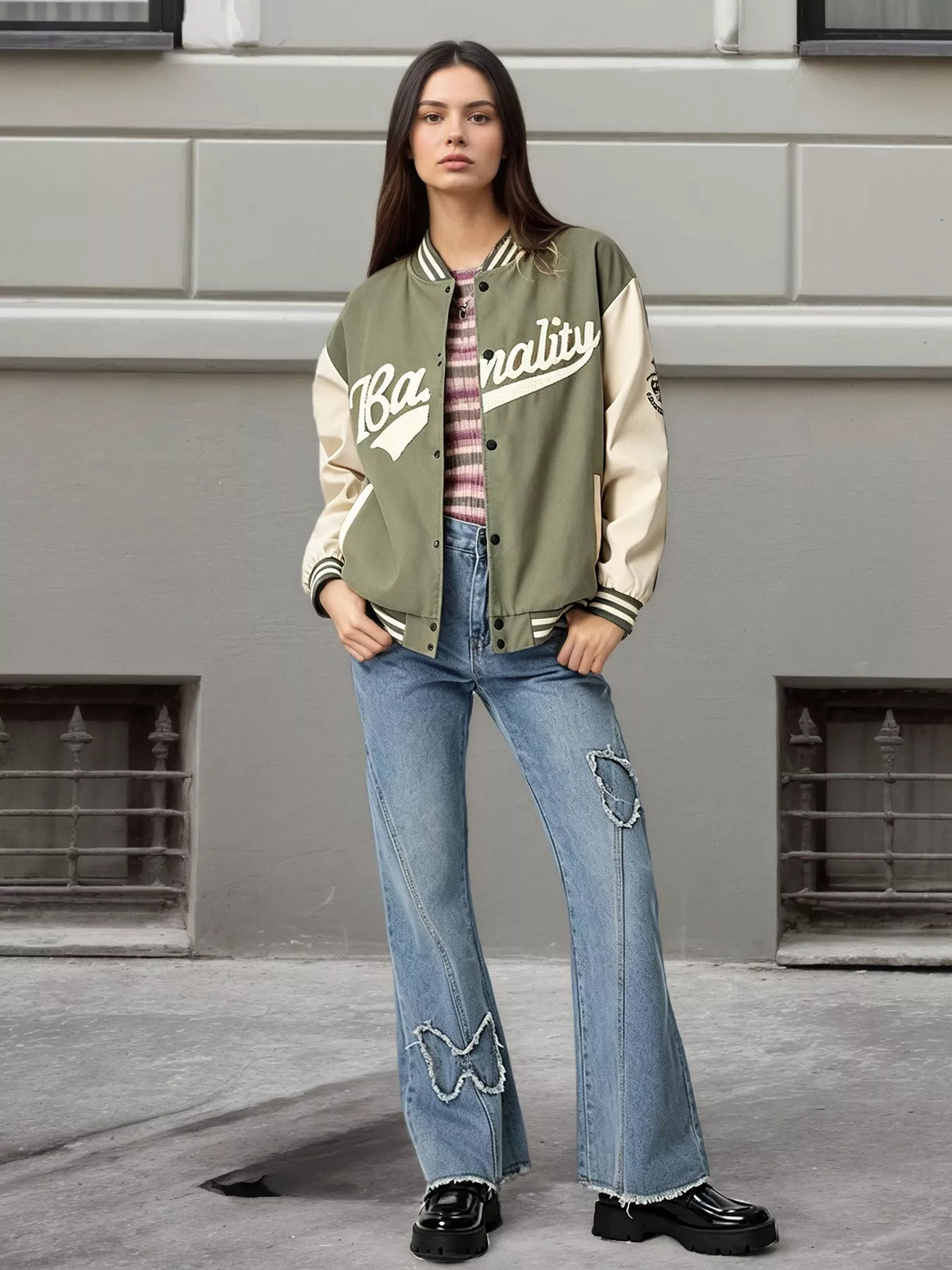 Contrast Baseball Jacket with Embroidered Lettering, view 4