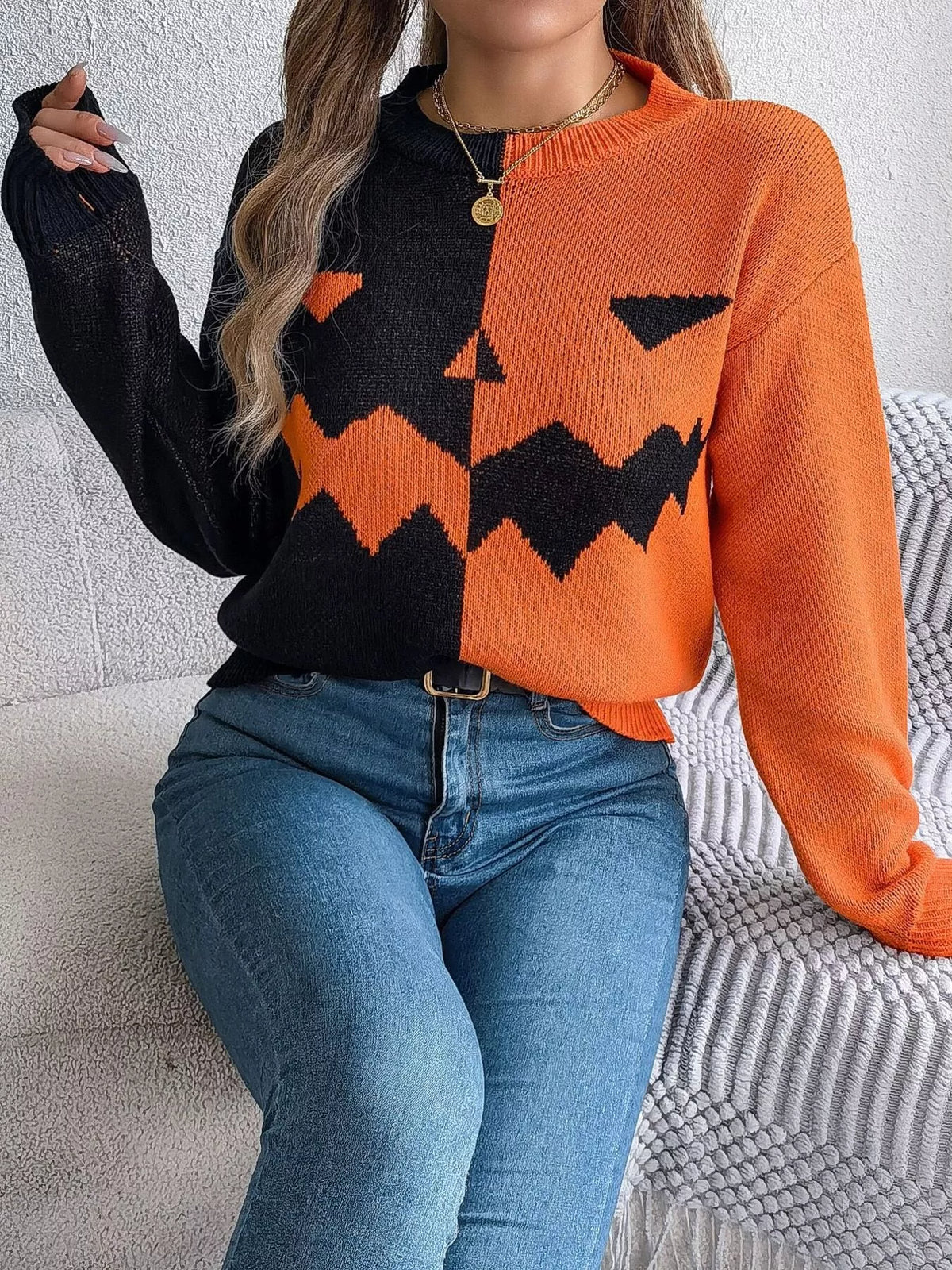 Pumpkin Face Graphic Two Tone Sweater