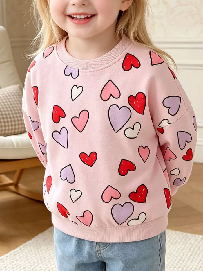 Children's Heart Print Crew Neck Sweatshirt in Blush Pink