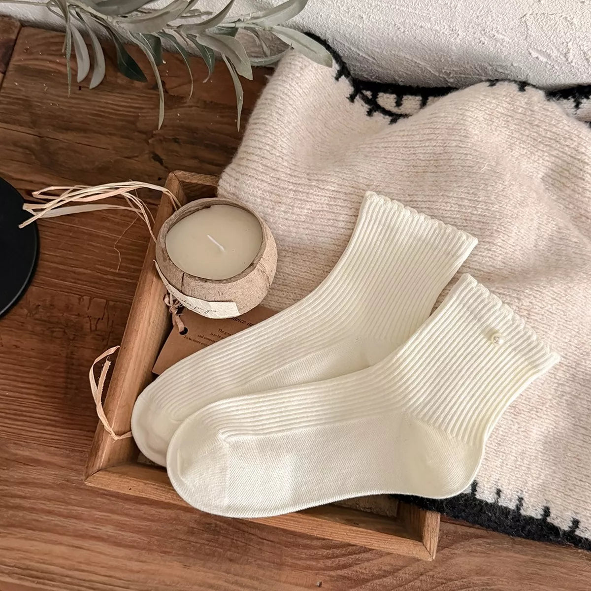 Vintage Ribbed Crew Socks in Cream