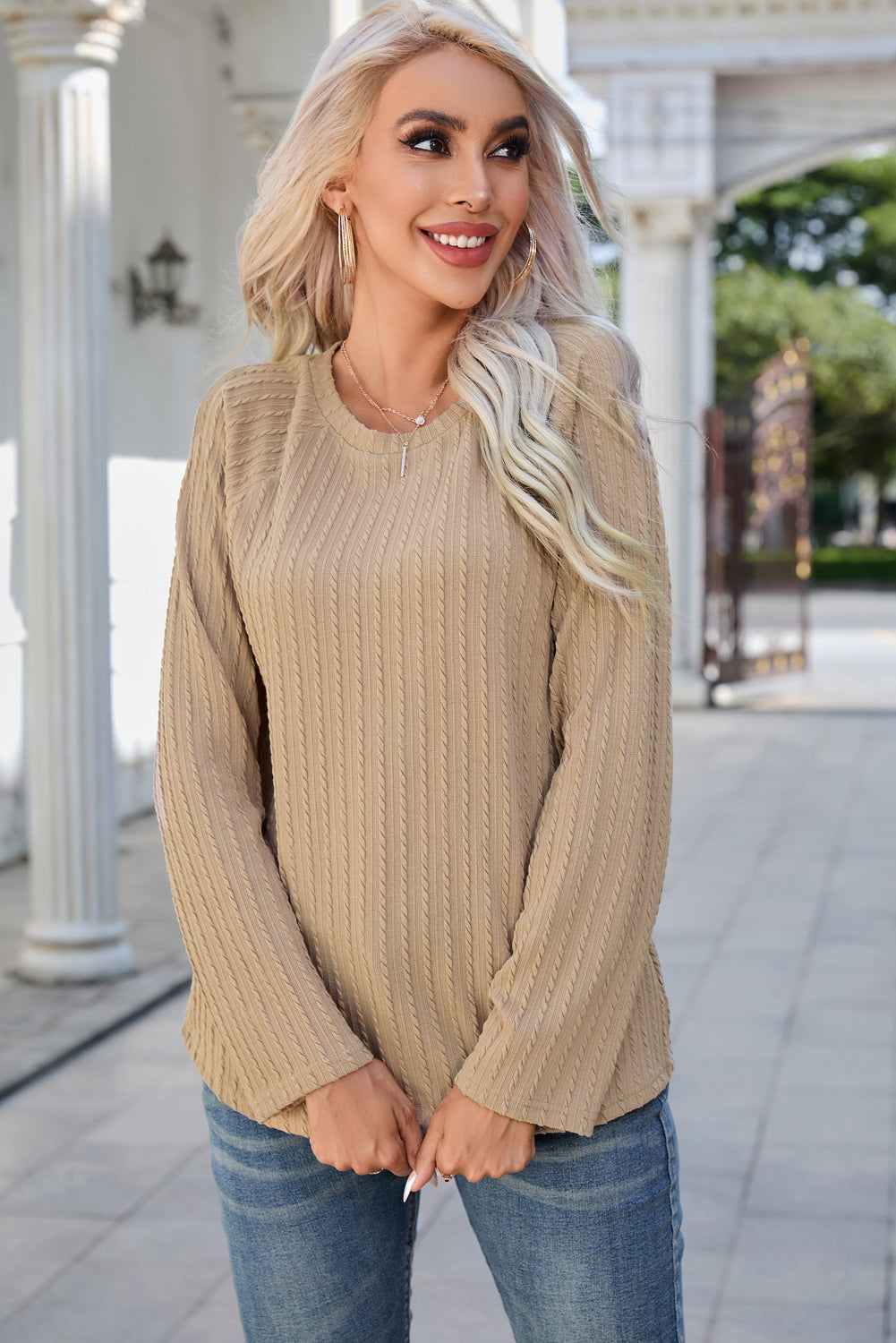 Round Neck Raglan Sleeve Ribbed Blouse - Lilixa.store