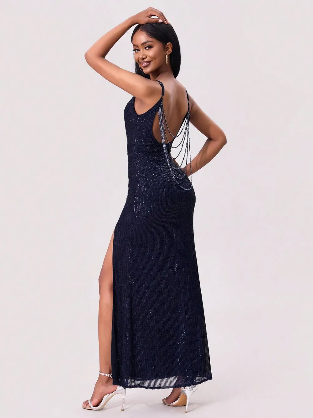 Split Sequin Backless Maxi Cami Dress - Lilixa.store