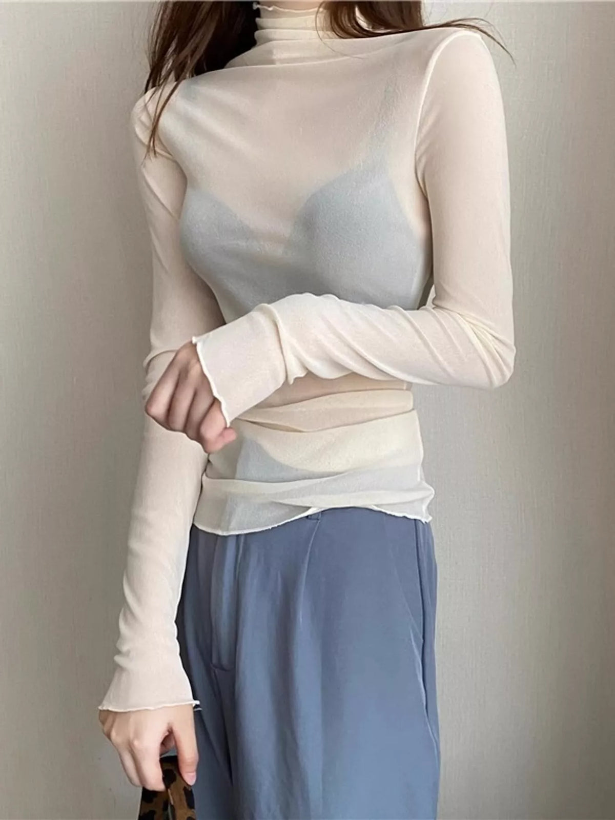 Turtleneck Long Sleeve Slim Fit T-Shirt in Apricot