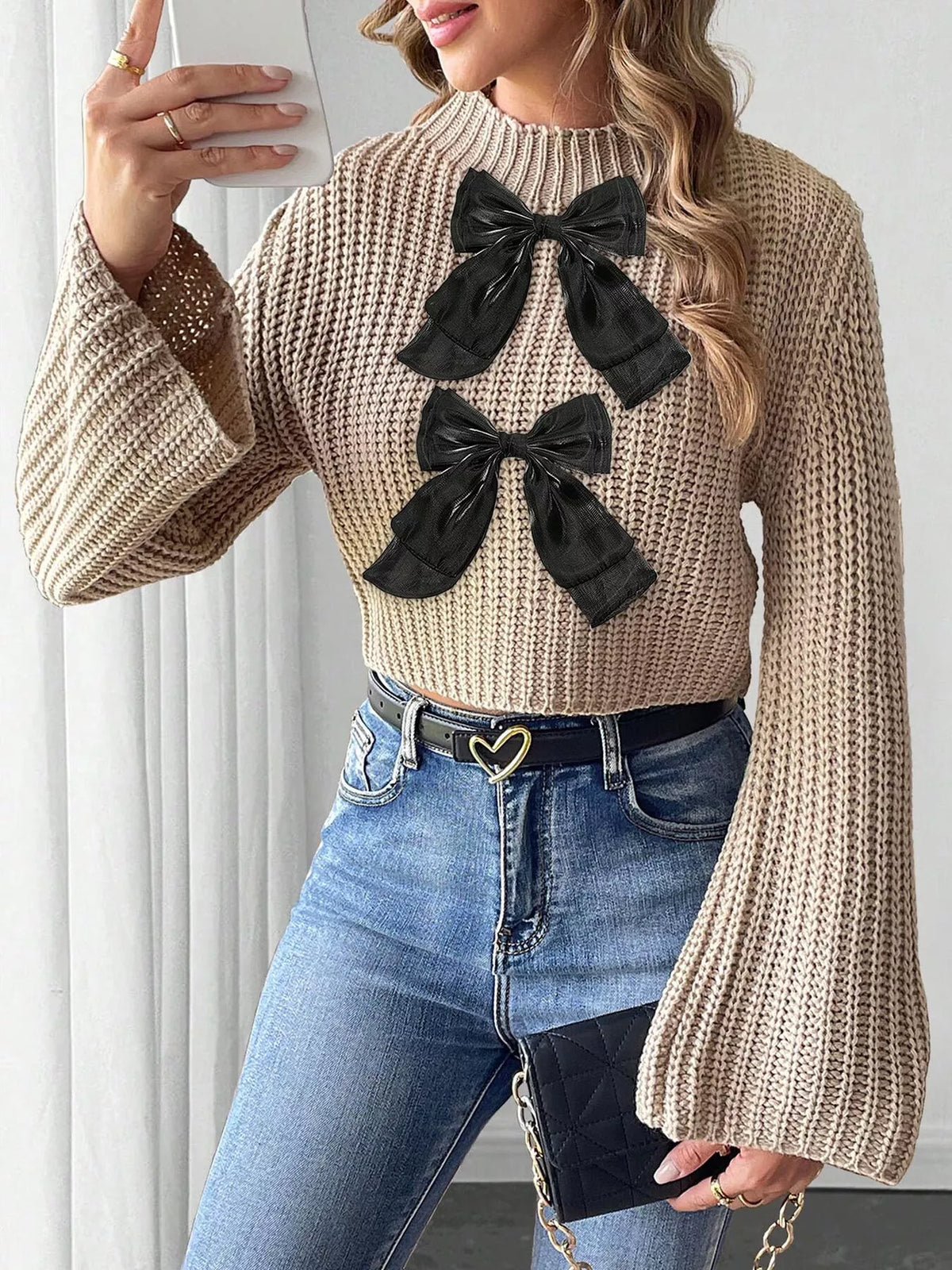 Bow-Decorated Mock Neck Cropped Sweater - Lilixa.store