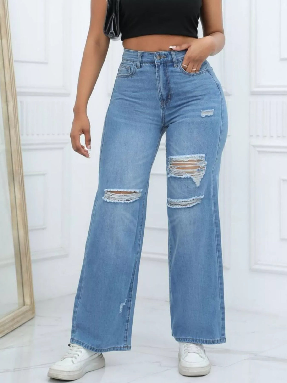 Distressed Wide-Leg Jeans - Lilixa.store