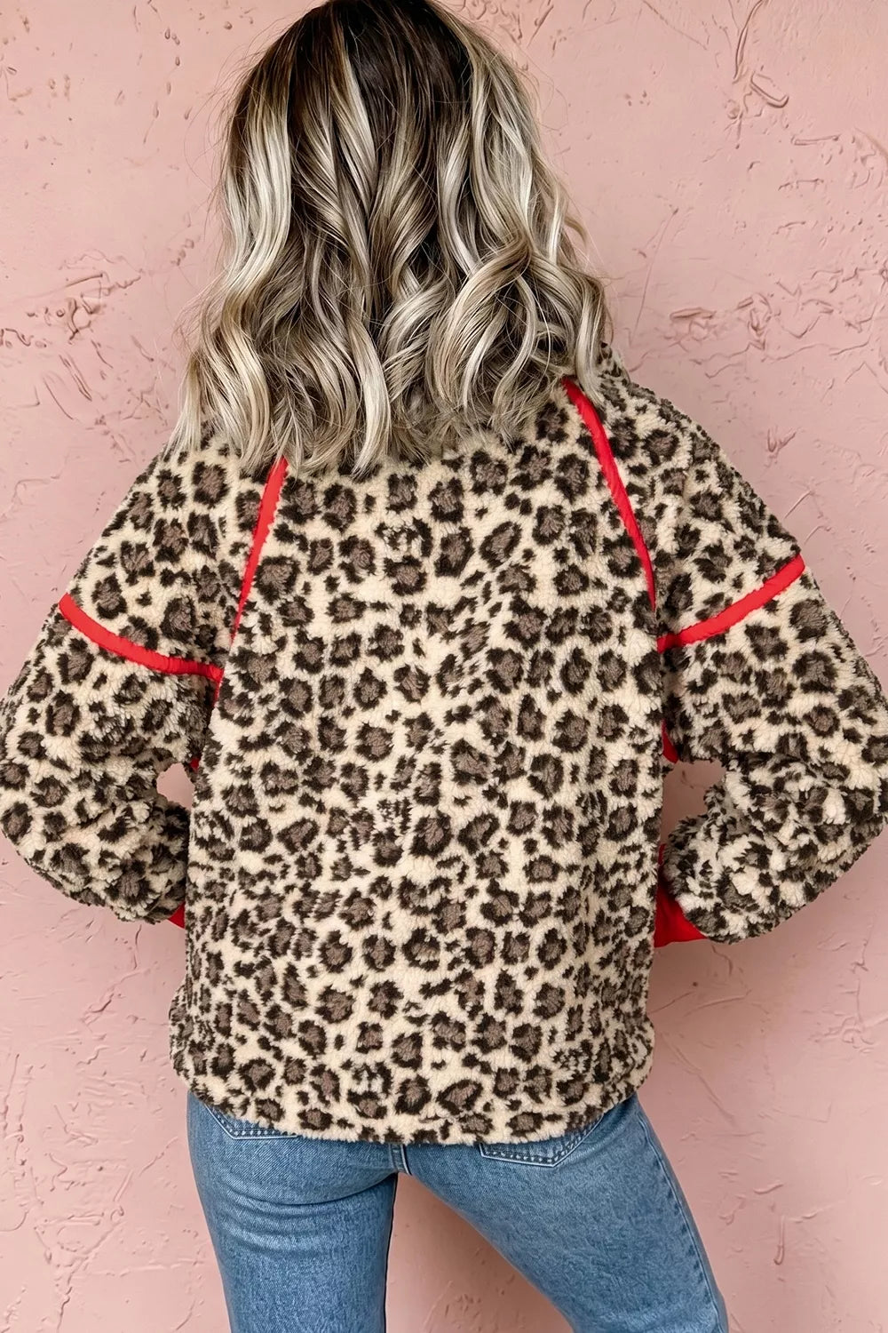Leopard Print Zip-Up Red Accents Pockets Sweatshirt, view 4