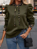 Drawstring Leopard Puff Sleeve Hoodie - Lilixa.store