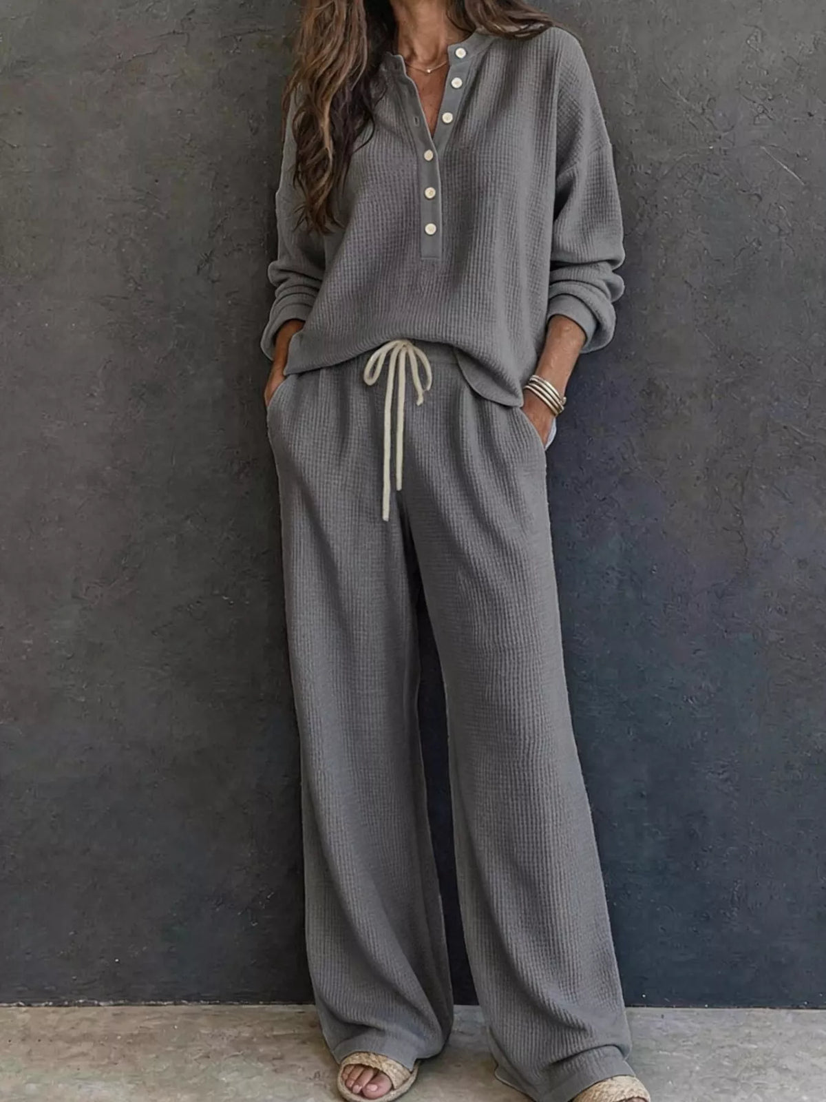 Waffle Knit Henley Top and Wide Leg Pants Set - Lilixa.store