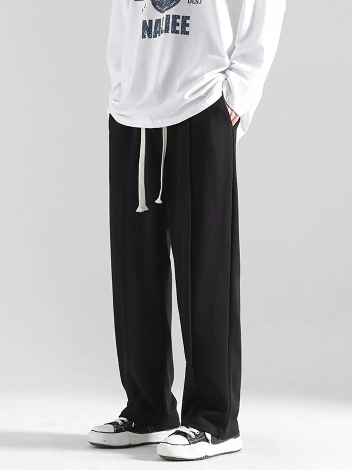 Men's Plus Size Casual Wide Leg Drawstring Pants in Black
