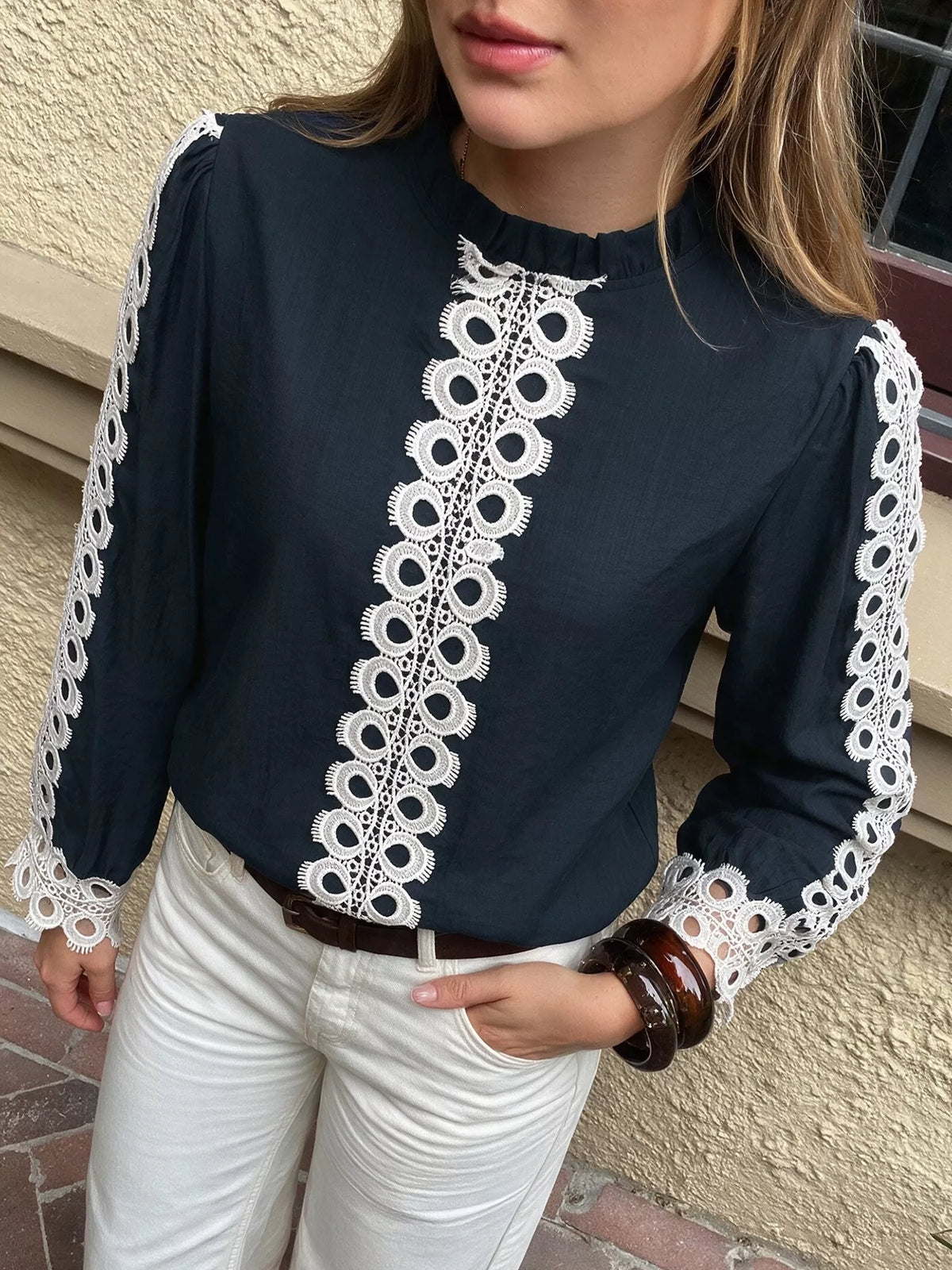 Lace Trim Long Sleeves Blouse - Lilixa.store