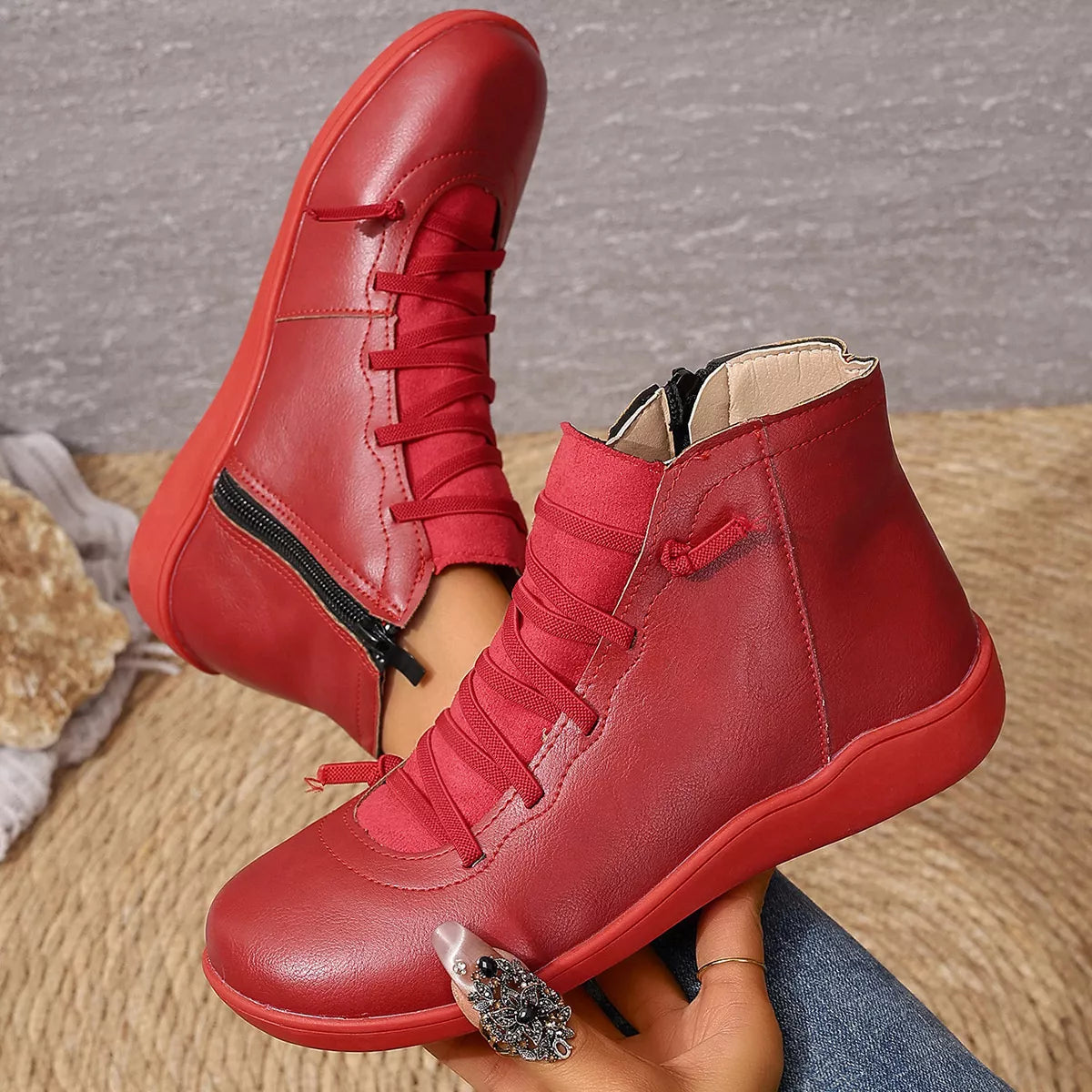 Lace-Up Faux Leather Ankle Boots, view 7
