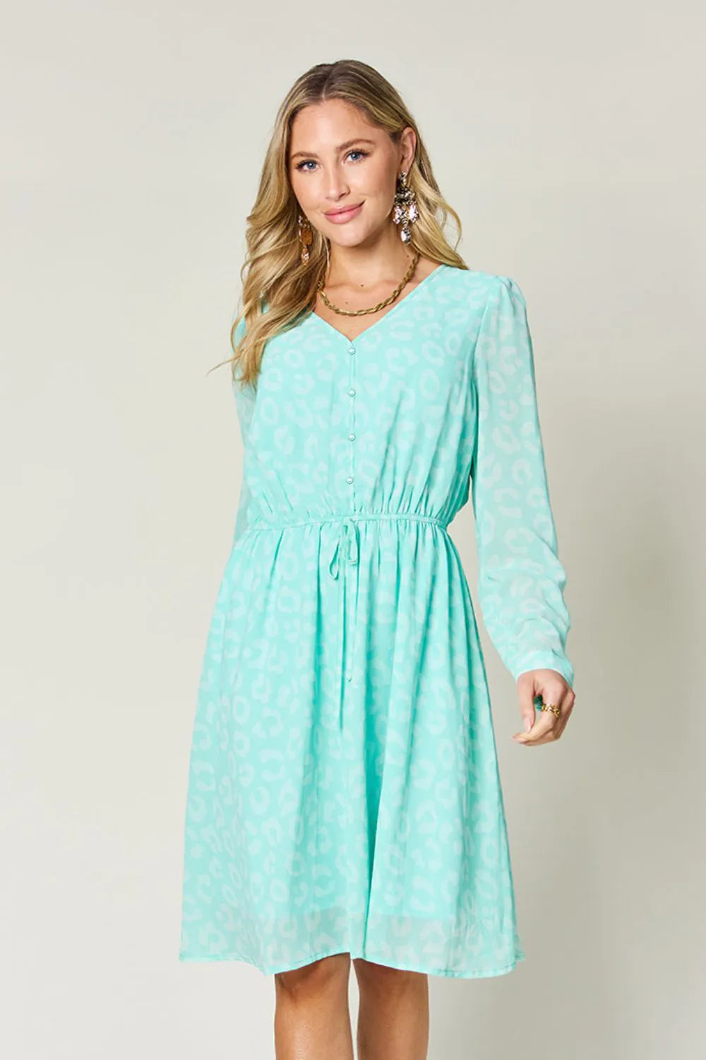 Double Take Full Size Printed Ruched V-Neck Long Sleeve Dress - Lilixa.store