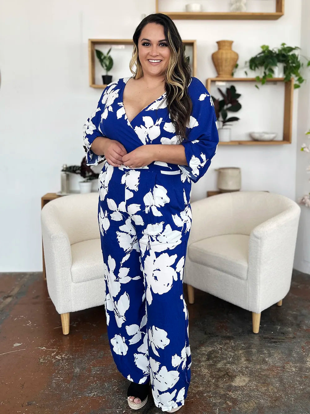 Double Take Full Size Printed Tie Back Wide Leg Jumpsuit - Lilixa.store