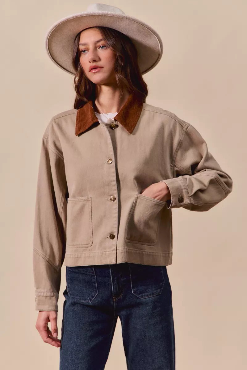 SO ME Cotton Twill Cropped Barn Jacket wtih Collar in Taupe, view 12
