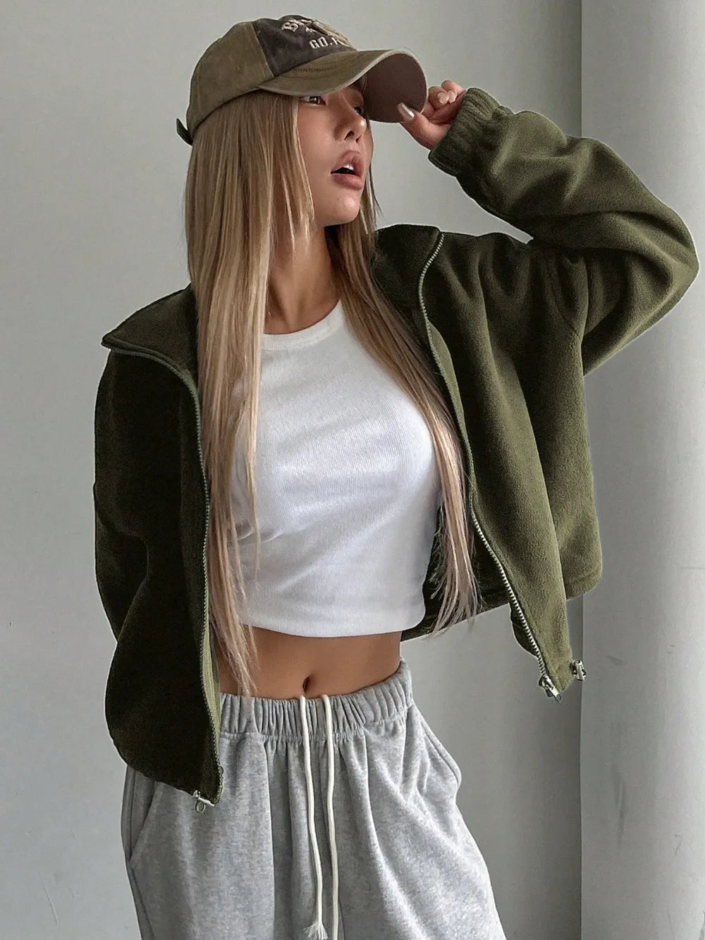 Honey Zip Up Long Sleeve Cropped Jacket in Army Green, view 5