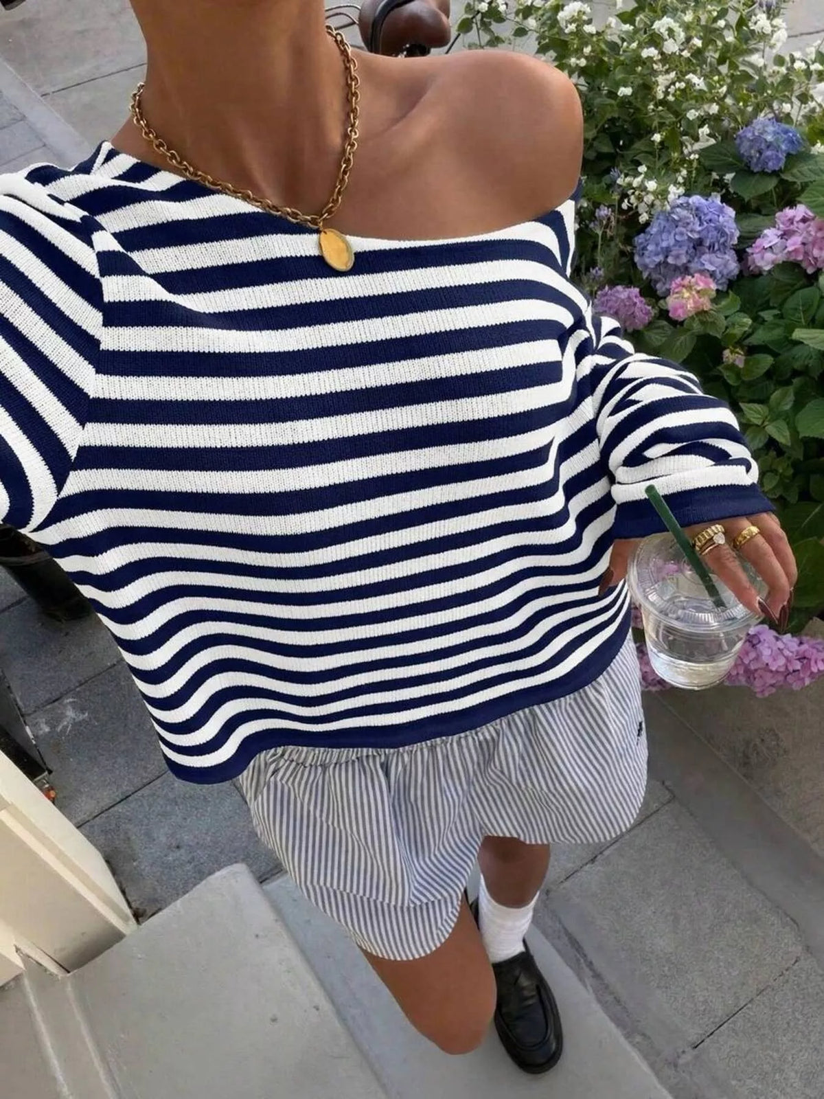 Boat Neck Striped Long Sleeve T-Shirt