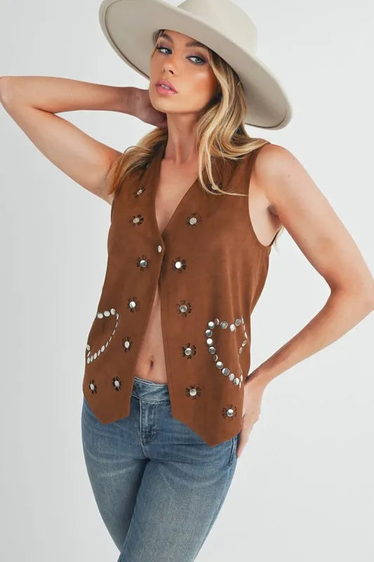 Aemi + Co Heart Rivet Detail Suede Vest Coat in Brown, view 5