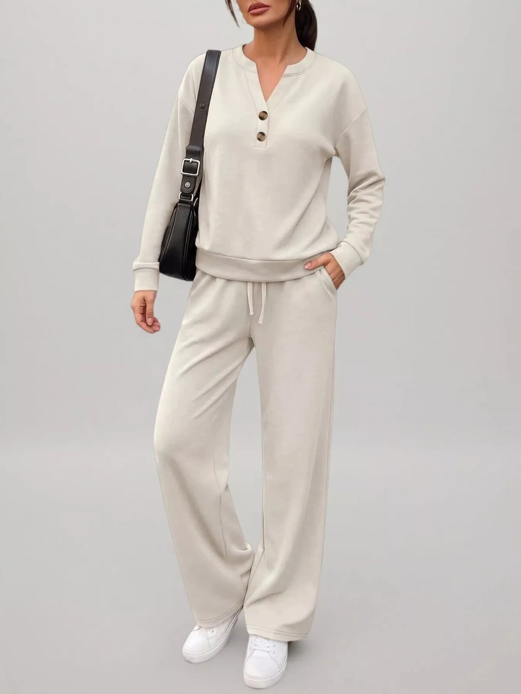 Button Detail Dropped Shoulder Top and Pants Set - Lilixa.store