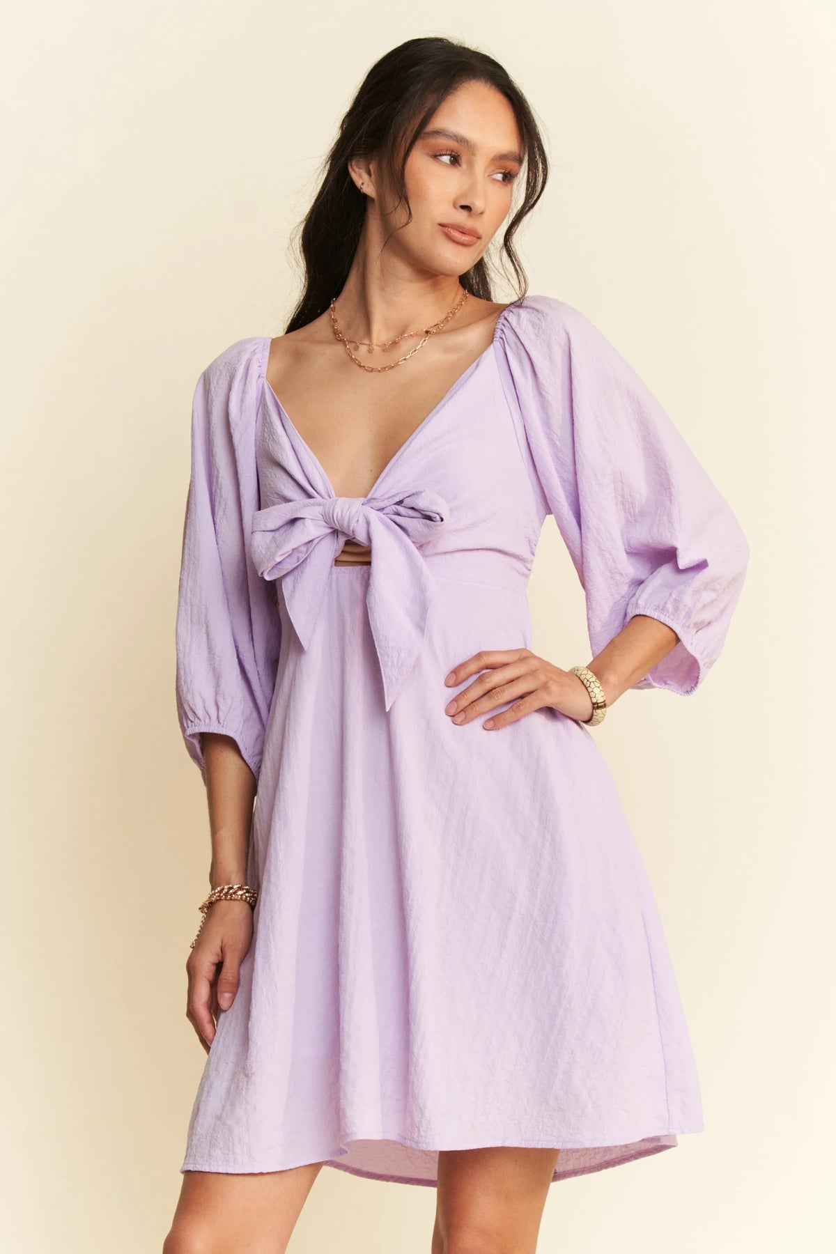 Davi & Dani Self-Tie Puff Sleeve Smocking Open Back Mini Dress - Lilixa.store