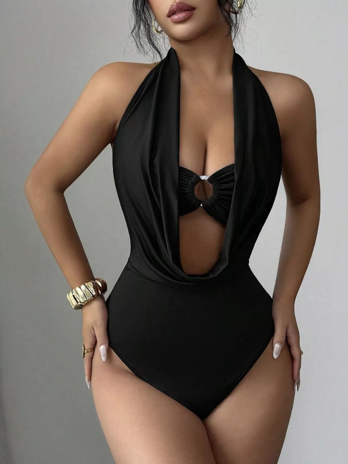 Halter Neck Ruched Ring Detail Bodysuit - Lilixa.store