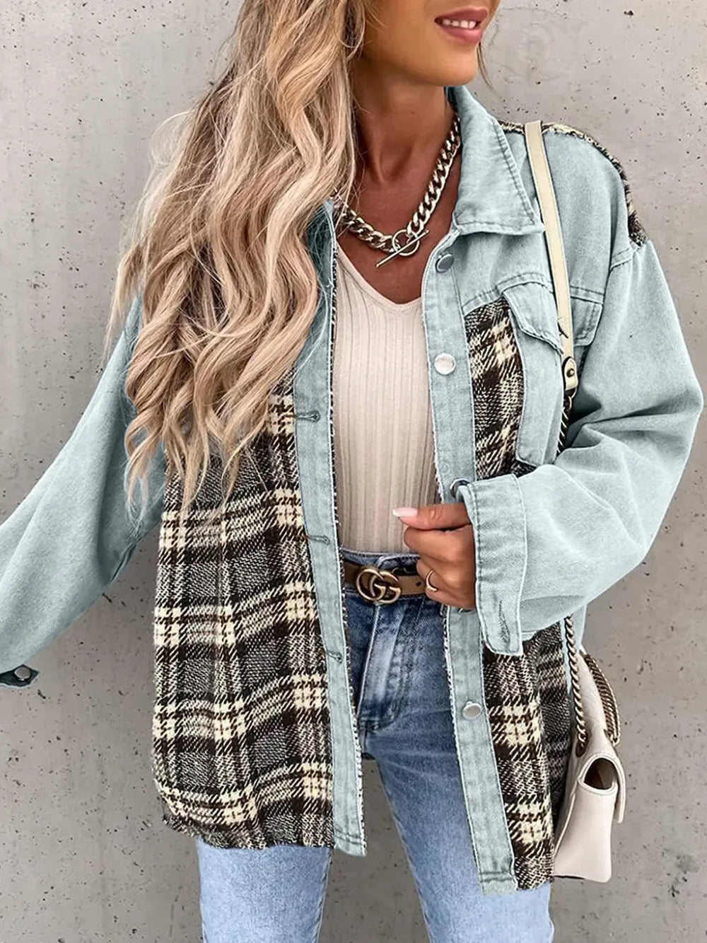 Plaid Button Up Dropped Shoulder Jacket in Light Blue