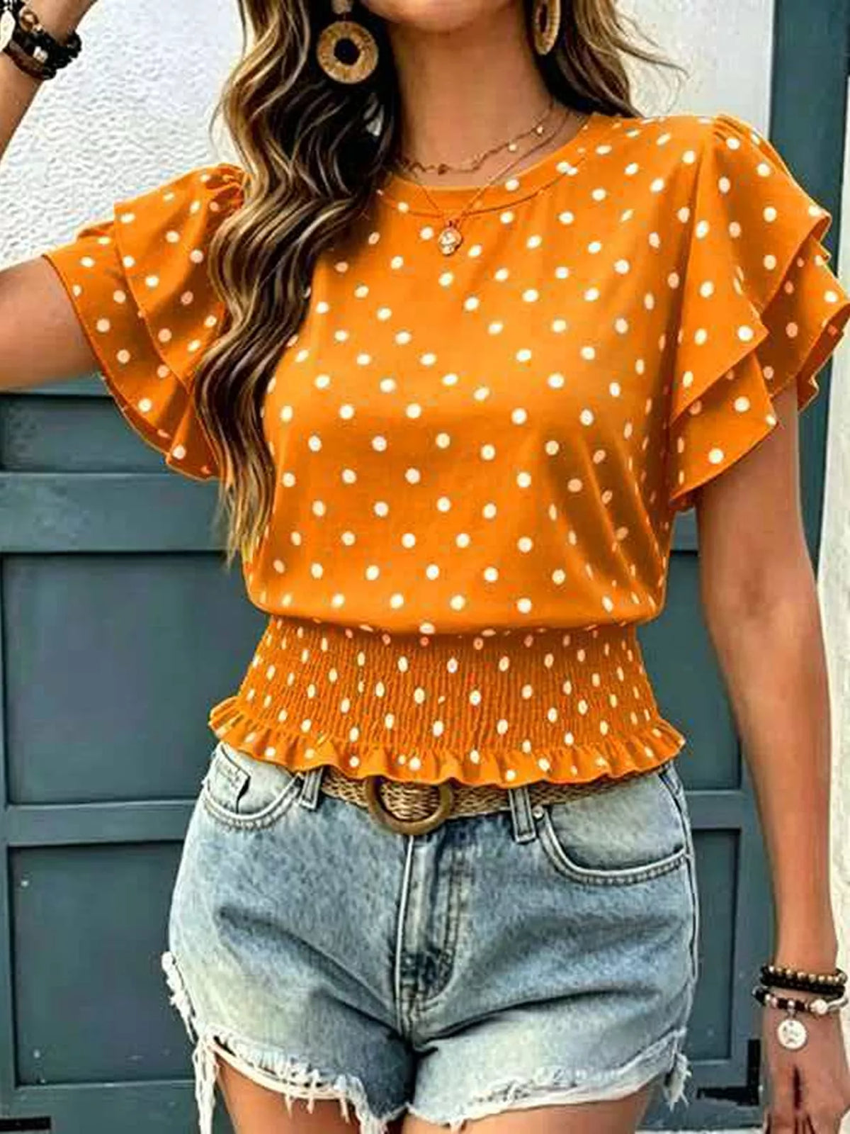 Polka Dot Ruffle Sleeve Blouse - Lilixa.store